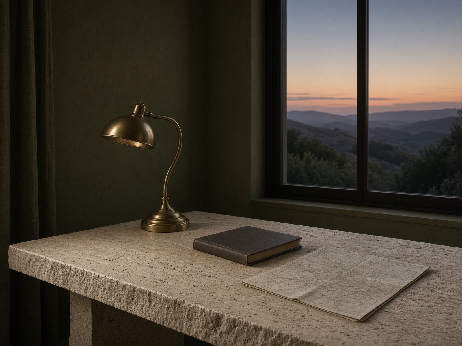 Quiet study with maps and a closed ledger